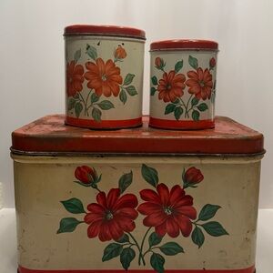 Vintage Decorware tin bread box & 2 canisters red flowers